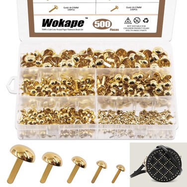 Wokape Paper Fasteners Brads Round Fasteners (Gold) - 500Pcs Gold 5 Sizes Mushroom Head Round Paper Fasteners Metal Brads Decorative Brads for Crafts