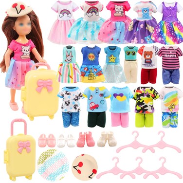 Miunana 5.3 Inch Girl Doll Dress 36 PCS Clothes and Suitcase and Hats for 4-6 Inch Girl Doll Top and Pants Fashion Outfits Doll Shoes Dollhoues Furniture Kit