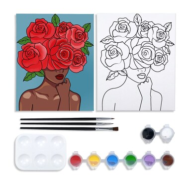 VOCHIC Canvas Painting Kit Pre Drawn Canvas for Painting for Adults Party Kits Paint and Sip Party Supplies 8x10 Canvas to Paint Flower Girl 8 Acrylic Colors,3 Brush,1 Pallet Paint Art Set