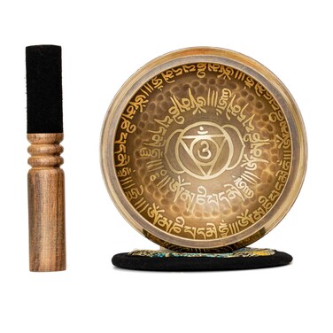 Tibetan Singing Bowl Set 4.2 inch with Holy Buddhist Mantra and Sacred Third Eye Symbol from Nepal~ Antique design suitable for Yoga, Meditation, Sound Healing &amp; Chakra Balancing~ (4.2 Third EYE)