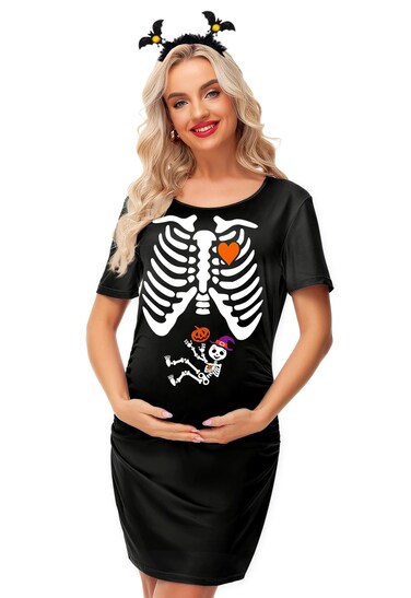 Womens Halloween Pregnancy Dress Mommy to Be Baby Shower Funny Costume Skeleton Maternity Dresses Black L