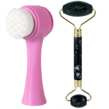 Beomeen Face Brush 2 in 1, Silicone Facial Cleansing Exfoliating Brush Soft Bristles Pore Deep Cleansing, Jade Face Roller Skin Care Tools, Manual Dual Face Wash Scrub Brush Massaging Gift,PurpleBlack