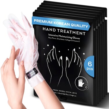 Korean Hand Masks Moisturizing Glove for Dry Hands - Hand Moisturizer Gloves for Women, Men - Hand Therapy Gloves with Collagen, Rose Oil, Shea Butter - White Hydrating Korean Hand Mask Bulk, 6 Pack