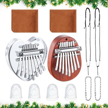 Yeshone 2 Sets Mini Kalimba 8 Key Thumb Piano Exquisite Mini Thumb Piano Gift with Lanyard Chains Portable Oval Heart Shaped Kalimba Instrument for Christmas Beginners Gift(Heart Crystal)