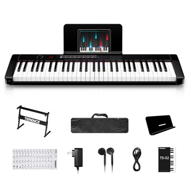 TERENCE Keyboard Piano with 61 Semi-weighted Keys LCD Display &amp; 1800mAh Battery Support MIDI USB Interface &amp; Piano Application with Bluetooth Sheet Music Stand Sticker Bag Audio Cable Earphones