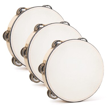 AUEAR, 3 Pack Wooden Tambourines Double Rows Metal Jingle Tambourine 8 Inch Handheld for Party Church KTV Musical Educational