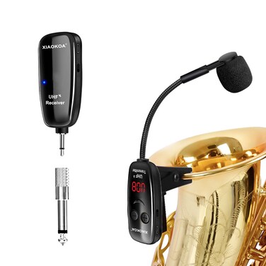 XIAOKOA UHF Wireless Instruments Microphone,Saxophone Microphone,Wireless Receiver and Transmitter,164ft Range,Plug and Play,Great for Trumpets, Clarinet, Cello