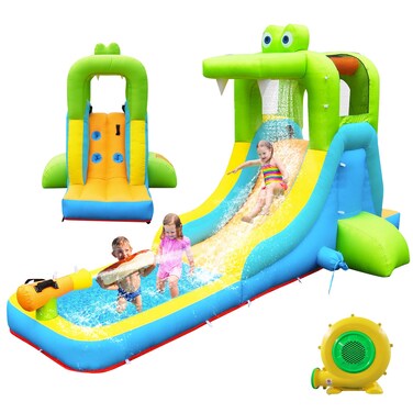 NBSPORT Inflatable Water Slide - Crocodile Theme Bounce House Water Park with Blower, Climbing Wall, Splash Pool, Water Cannon, Blow up Toddler Waterslide for Kids and Adults Backyard, Green
