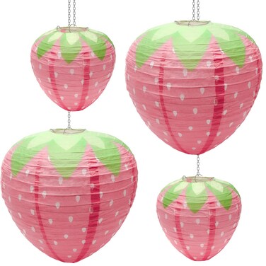 4 PCS Strawberry Paper Lantern Pink, Windspeed Large Strawberry Lantern Decorations Hanging Paper Lantern for Strawberry Party Decor 3D Strawberry Paper Lanterns 8 inch, 12 inch