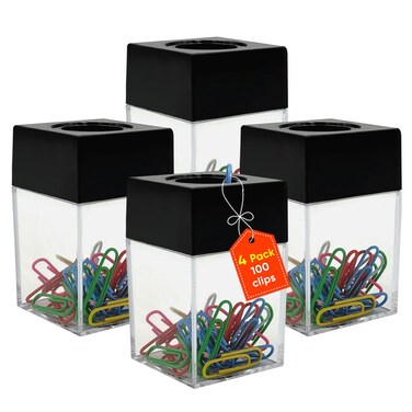 TingeVer 4 paper clip holder + 100 clips / magnetic paper clip holder for desk / paper clip holder / magnetic paper clip holder / capacity for 150 clips.