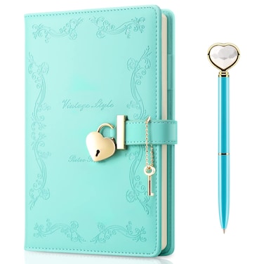 Mousbull Lock Diary with Key and Pen for Girls, 192 Pages Vintage Leather Heart Shaped Journal Notebook with Lock and Diamond Pen, A5 Cute Locked Secret Diaries for Women (Green)