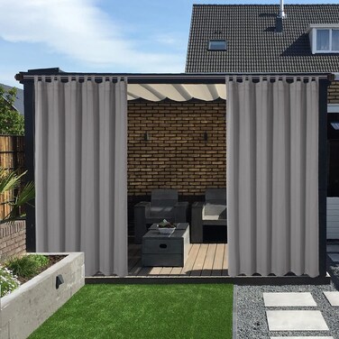 LORDTEX Waterproof Indoor/Outdoor Curtains for Patio - Thermal Insulated, Sun Blocking Detachable Sticky Tab Top Blackout Curtains for Porch, Pergola, 100 x 120 inch, 2 Panels, Veridian Grey