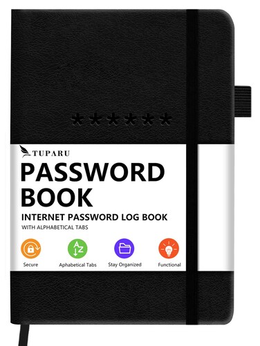 Password Book with Alphabetical Tabs &ndash; Hardcover Internet Address &amp; Password Organizer &ndash; Password Keeper Notebook for Computer &amp; Website &ndash; 5.2 x 7.6" Log-in Password Journal w/ Thick Paper (Black)