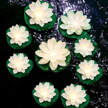 Hortsun 9 Pack Floating Pool Lights Lotus Flower Lantern Artificial Foam LED Lifelike Pool Lights Battery Operated Pool Lantern Pond Decoration(White, Yellow Light, 3.94 Inch, 5.91 Inch)