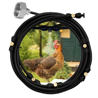 Chicken Coop Misting Cooling System, No Leakage Mist Hose Kit with 26FT Misting Line / 8 Mist Nozzles/ 8 Brass Mist Nozzles/ 3/4" Adapter for Chicken Coop,Garden,Outside Patios,Trampoline
