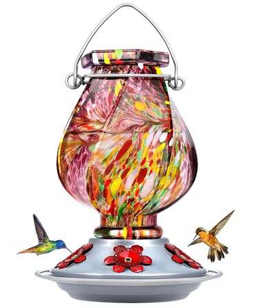 BOLITE Hummingbird Feeder, Hand Blown Glass Hummingbird Feeders for Outdoors Hanging, 22 Ounce, Five Feeding Ports with Perch, Purple
