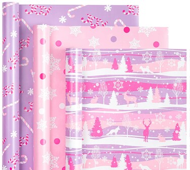 WRAPAHOLIC Christmas Wrapping Paper Roll - Mini Roll - 3 Rolls - 17 Inch X 120 Inch Per Roll - Pastel Pink and Purple Reindeer, Candy Cane with JOY, Snowflake Holiday Collection