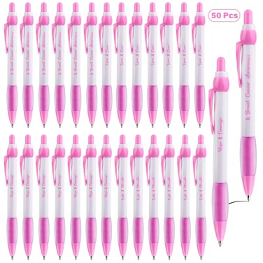 Ubabe 50pcs Breast Cancer Awareness Ballpoint Pens, Pink Ribbon Breast Cancer Awareness Accessories 0.7mm Black Ink Retractable Pens Bulk for Public Events