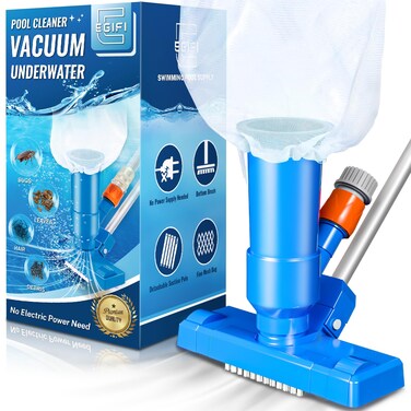 Portable Pool Vacuum for Above Ground Pool, Jet Underwater Cleaner with 3 Scrub Brush, Mesh Bag and 5 Section Pole of 47", Attach to Common Garden Hose, Light Blue