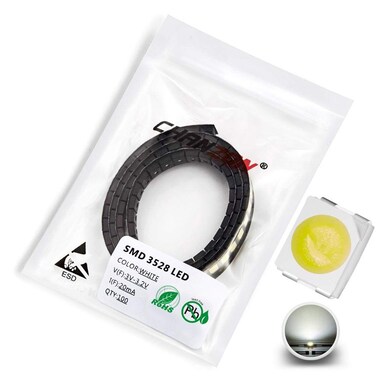 CHANZON 100 pcs 3528 (1210) White SMD LED Diode Lights Chips (Surface Mount PLCC 3.5mmx2.8mm DC 3V 20mA 7-8LM) High Intensity Bright Lighting Bulb Lamps Electronics Components Light Emitting Diodes