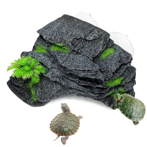 kathson Turtle Basking Platform with Suction Cups Tortoise Climbing Step Ledge Aquarium Ornament Rock Turtle Floating Dock Resting Basking Terrace for Amphibians Reptile (Gray)