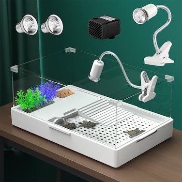 Geegoods Turtle Tank Aquarium (Tank + Light + Water Pump), Turtle Tank Kit with Platform Plants Tank for Pet Turtle Reptile Habitat（23.6"&times;14.2"&times;10.4"）