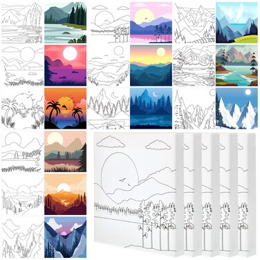 Teling 12 Pcs Pre Drawn Stretched Canvas Kit for Adults Pre Drawn Canvas for Painting Pre Printed Canvas Outline Canvas for DIY Painting Party Favor,6 x 6 x 0.6 Inches(Mountain)