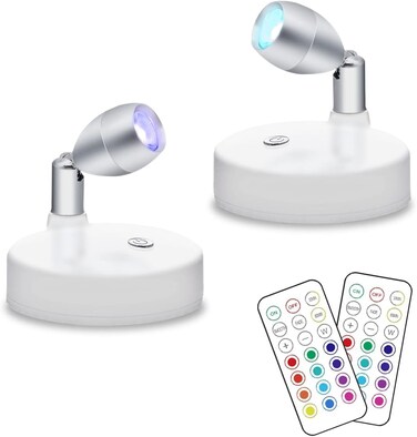 KINDEEP RGB Wireless LED Spotlight, Battery Operated Accent Lights, Indoor Mini Puck Light, Dimmable Uplight with Remote, 4000K Warm White, Stick on Wall Light with Rotatable Head, Silver, 2 Pack