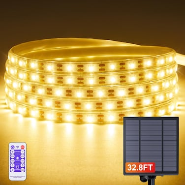 LIFENGSOLER 32.8FT Solar LED Strip Lights Outdoor Warm White, 600LEDs Solar &amp; USB Powered Dimmable Strip Lights with Remote, IP65Waterproof LED Strips for Gazebo Balcony Swimming Pool Deck Decor