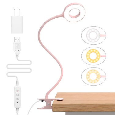iZELL Desk Lamp, LED Reading Light with Clamp, 3 Color Modes &amp; 10 Brightness Flexible Gooseneck Book Light for Kids Reading Book in Bed at Night Clip on Table, Computer, Zoom Meetings - 27.6&lsquo;&rsquo; Pink