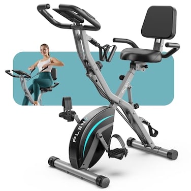 Pleny Folding Exercise Bike, 5 IN 1 Stationary Bike 5.5 LBS Flywheel Exercise Bike, Indoor Workout Bike 330LB Weight Capacity Back Support Cushion for Home Gym Workout, Gray-blue