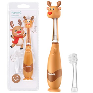 Papablic Toddler Sonic Electric Toothbrush for Ages 1-3 Years, Baby Electric Toothbrush with Cute Reindeer Cover and Smart LED Timer, 2 Brush Heads (Ruby)