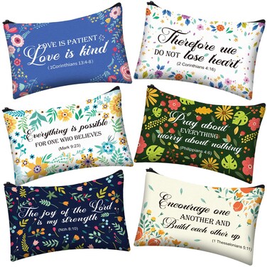 Bible Verse Pencil Pouch Faith Journals for Women, Rustic Floral Patterned Inspirational Quote Bible Pencil Case Bible Study Supplies Makeup Bags for Women, 6 Pieces (Novel Style,8.7 x 5.5 Inch)
