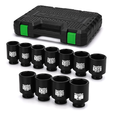 TecoTek 1/2" Drive Deep 6-Point Impact Socket Set, 11-Piece Standard SAE Spindle Axle Nut Impact Socket Set, Cr-Mo, 1-3/8-Inch to 2-Inch Size