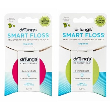 DrTung's Smart Floss - Natural, PTFE &amp; PFAS Free Floss, Gentle on Gums, Expands &amp; Stretches, BPA Free Floss - Natural Dental Floss Cardamom Flavor (Pack of 2)