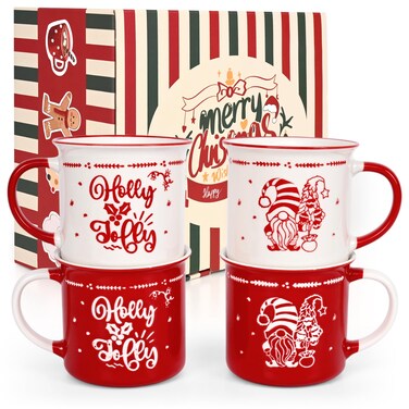 Cabtnca Christmas Mugs Set of 4, Christmas Mugs, Christmas Coffee Mugs, Ceramic Christmas Mug, Dwarf Santa Mug, Holiday Mugs, Xmas Mug Decor, Marry Christmas Gifts for Women Kids, 13 Oz