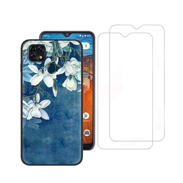 For ZTE ZMax 10/ ZTE Z6250 Case With Tempered Glass Screen Protector [2 Pack], Flower Painting Design Flexible TPU Scratch Resistant Non-Slip Protective Bumper Slim Phone Case for ZTE Z6250 Blue