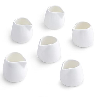 TAMAYKIM 3 oz Ceramic Cream Jugs, Mini Creamer Pitcher, White Porcelain Classic Creamers for Coffee, Tea, Milk, Jam, Sauces, 6 Pack