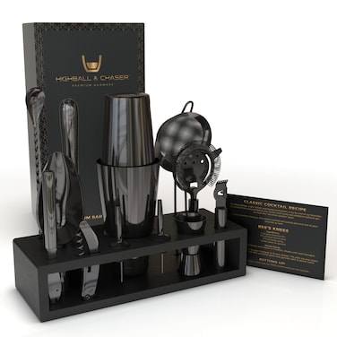 Highball &amp; Chaser 13-Piece Gunmetal Black Stainless Steel Boston Cocktail Shaker Bar Tool Set with Mixology Bartender Kit Accessories