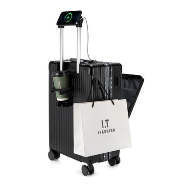 feilario 20in Aluminium Frame Hardside Spinner Wheel Luggage, Built-In TSA lock Carry on Suitcase, with Cup Holder &amp; USB Port &amp; Phone Holder