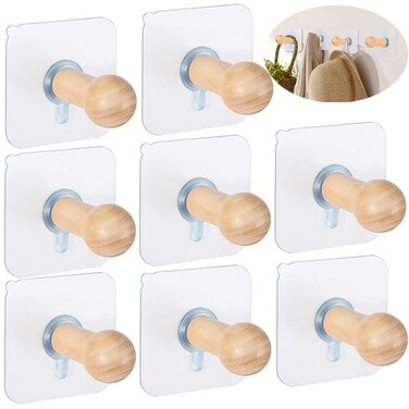 FOTYRIG Wooden Adhesive Hat Hooks for Wall 8lbs Sticky Hat Hanger Wall Rack Mounted Coat Hanging Bathroom Hooks Stick On Door Closet Cabinet Wardrobe Entryway-8 Packs
