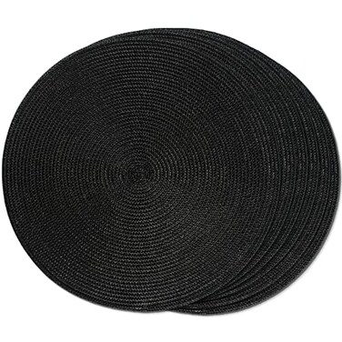FunWheat Round Braided Placemats Set of 6 Place Mats for Dining Table Woven Washable Non-Slip Table Mats 15 Inch (Black, 6pcs)