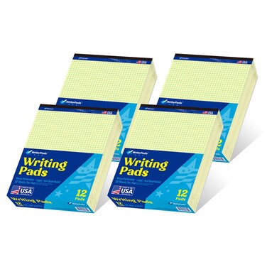 WritePads Legal Pad Graph Paper Note Pad, Quad Ruled (4x4) Paper pad, 8.5x11 Grid Notebook Paper Pad, Canary Paper, 2 Pads of 50 Sheets, Micro perforated Engineering Paper, Made In The USA.