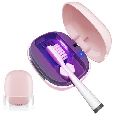 UV Toothbrush Covers Case San itizer and Holder with Light,Toothbrush Covers with Holder, Rechargeable Portable Toothbrush Cleaner Case, Toothbrush Box Fan（Pink）