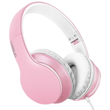 LORELEI X6 Over-Ear Headphones with Microphone, Lightweight Foldable &amp; Portable Stereo Bass Headphones with 1.45M No-Tangle, Wired Headphones for Smartphone Tablet MP3 / 4 (Pearl Pink)