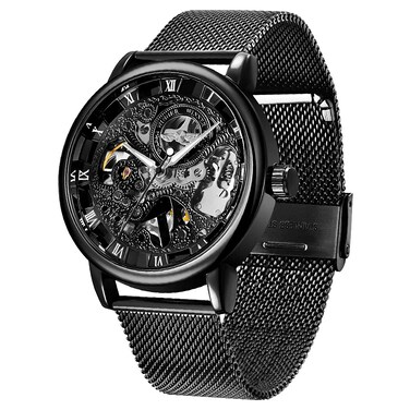 Whodoit Mesh Strap Design Watch Hand-Wind Mechanical Stainless Steel Case Skeleton Watch Watch for Men