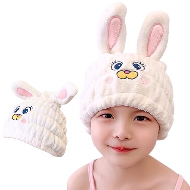 LCBD Microfiber Hair Towel Wrap for Kids, White Rabbit Dry Hair Cap Set with Hair Scrunchies, Absorbent Quick Hair Drying Towel for Girls, Lightweight Bouncy Hat Headscarf for Wet Hair
