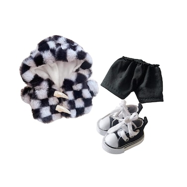 20cm Plush Doll Clothes Set, Kpop Doll Outfit Plush Coat Pants Shoes for 8 inch Plush Doll Soft Stuffed Animal, Dress-Up Play (Check-White/Black)