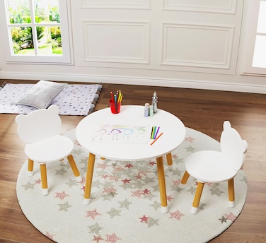 UTEX Kids Wood Table and Chair Set, Kids Play Table with 2 Chairs,3 Pieces Kids Round Table for Toddlers, Girls, Boys,White