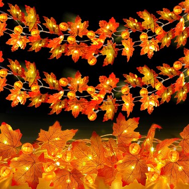 2 Pack Fall Pumpkin Garland Lights Thanksgiving Decorations for Home 60 LED 20 Ft Enlarged Maple Leafed String Light Pumpkins Lights Waterproof Battery Operated Thanksgiving Fall Autumn Indoor Outdoor